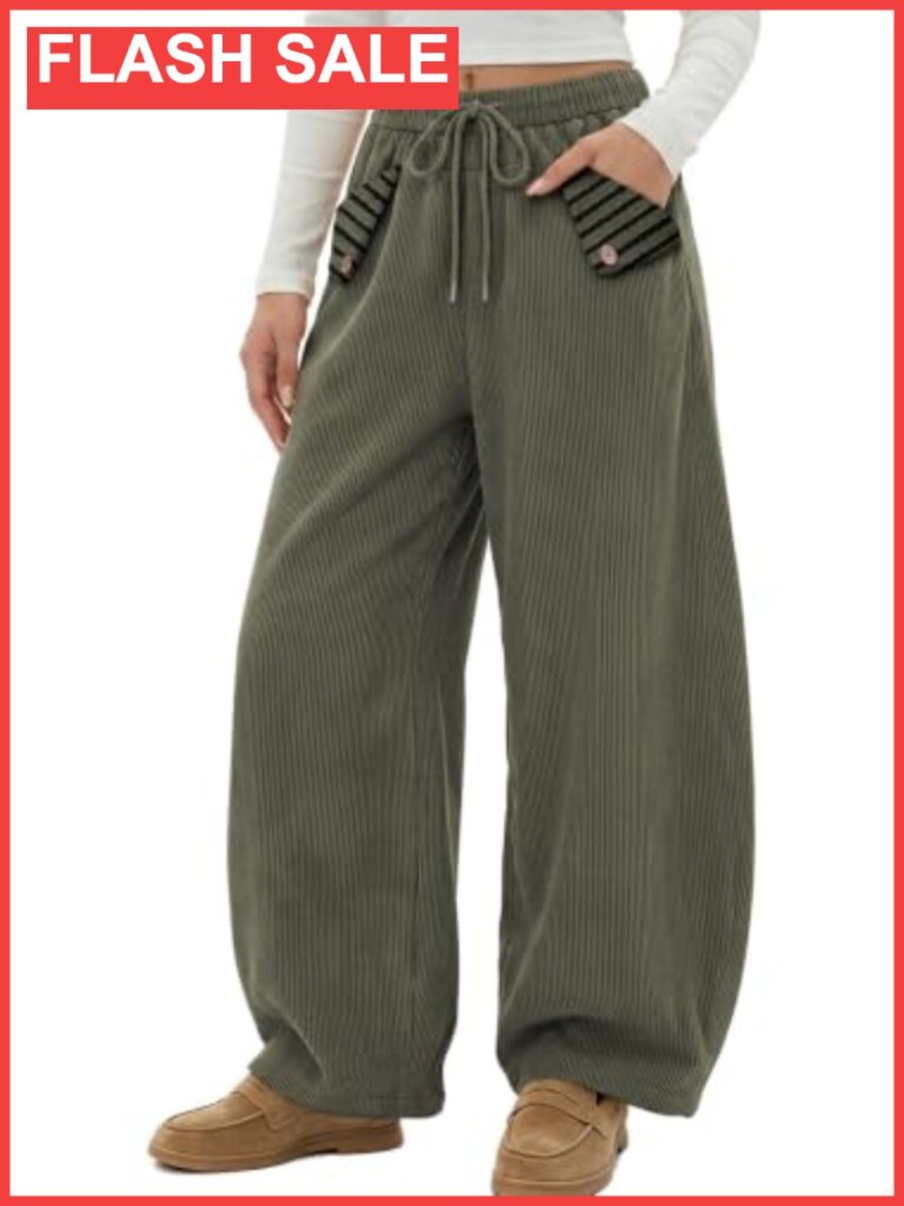 TARSE Corduroy Barrel Pants Striped Patch Pockets Drawstring Waist Baggy
